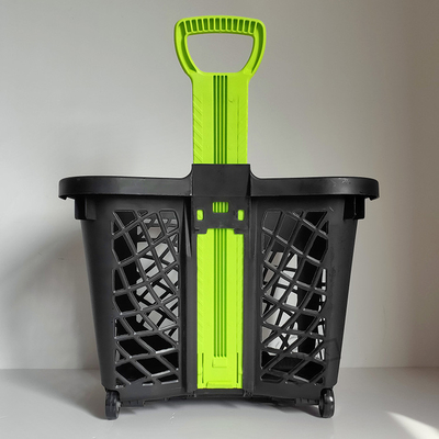 43L Capacity Supermarket Telescopic Handle Plastic Shopping Baskets With Wheels