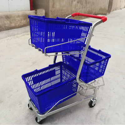 Colorful Three Basket Supermarket Shopping Trolley For Grocery 100KG Loading