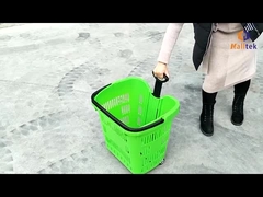 Cesto de compras de plástico de grande capacidade com alça e 2 rodas